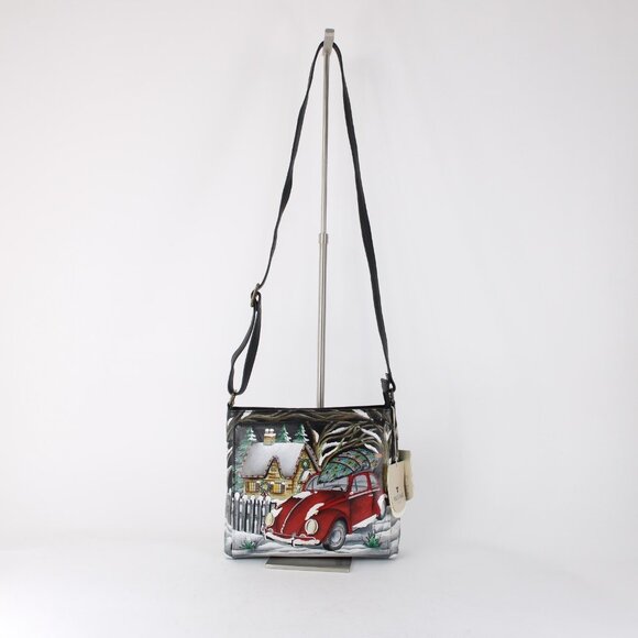 Anuschka Purse 11 x 9x3 Multi Color Red Bug Holiday Painted Leather Purse - Picture 2 of 12